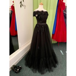 Marizu fashion černé tylové květinové maturitní, plesové, společenské šaty se spadlými rameny